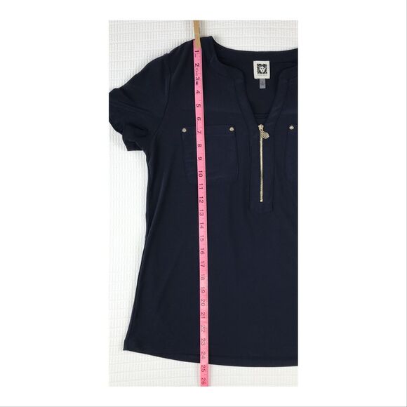 Anne Klein Womens Blouse Small 1/2 Zip Pockets V-Neck Notch Short Sleeve Blue - Picture 8 of 10